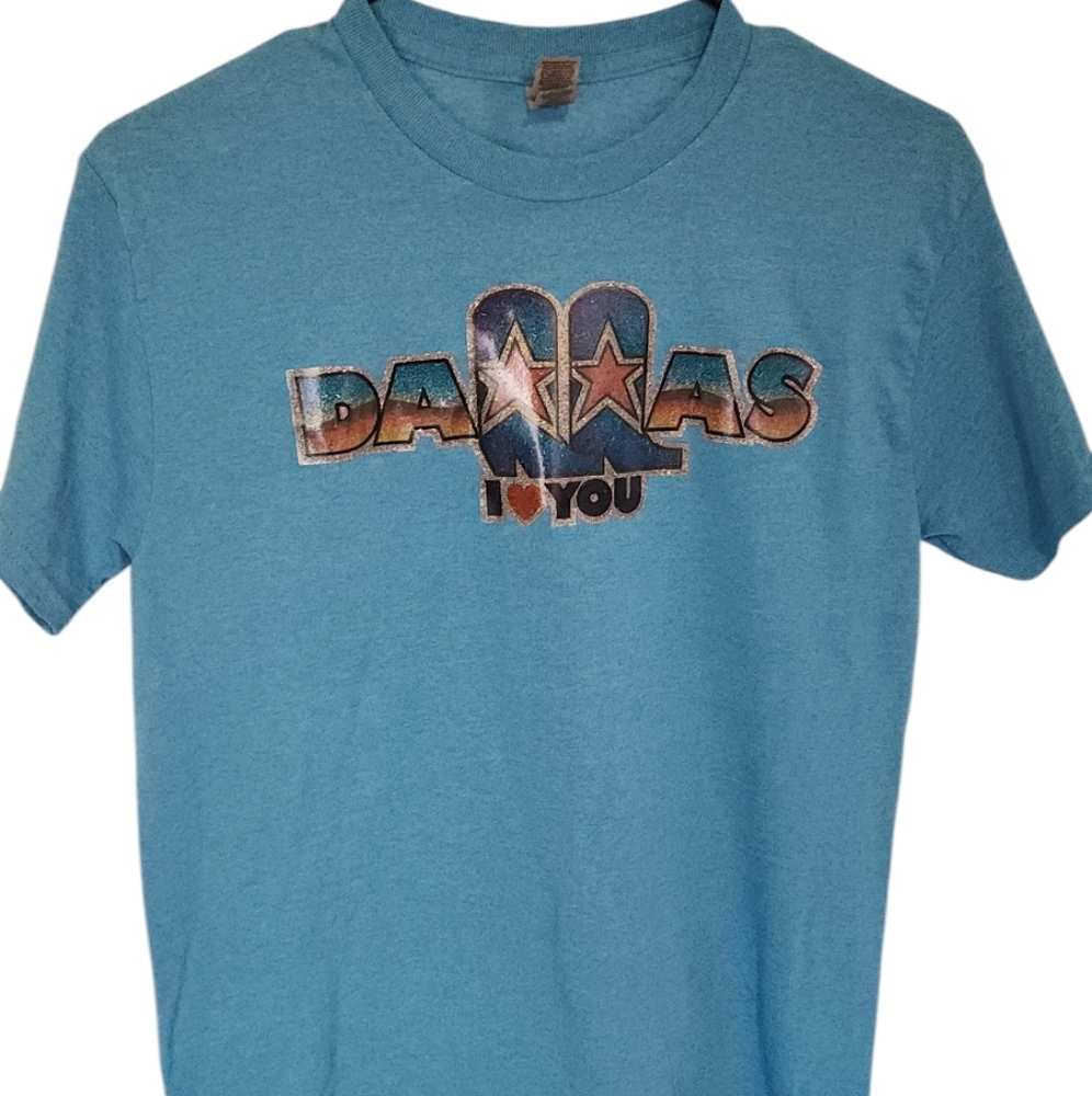 Mens S 1970s I 💙 Dallas Vintage NOS glitter tee